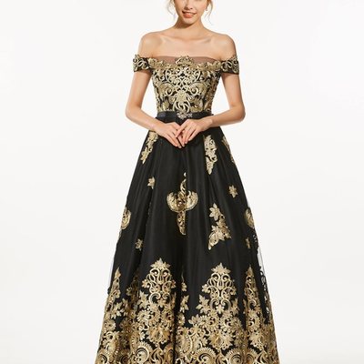 A-line off-the-shoulder appliques beading prom dress - Thumbnail 5