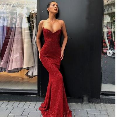 Wine red mermaid spaghetti straps prom dresses sexy sequins lace evening gowns - Thumbnail 4