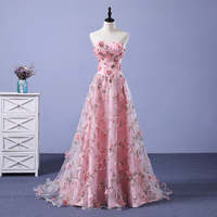 Pink tulle 3D flowers long prom dress, pink evening dress - Thumbnail 1