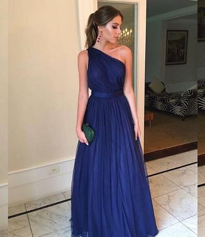 Elegant Evening Formal Dresses 2019 Navy Blue One Shoulder Prom Dresses Floor Length Cheap Celebrity Party Gowns Plus Size Bridemaid Dresses