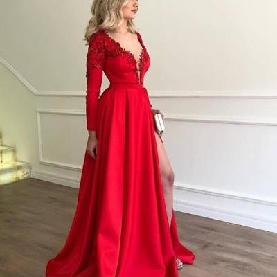 New a line red long sleeves split front cheap prom dresses long abiti da festa mother of the bride dresses evening gown - Thumbnail 5