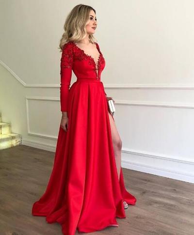 New A Line Red Long Sleeves Split Front Cheap Prom Dresses Long Abiti Da Festa Mother Of The Bride Dresses Evening Gown
