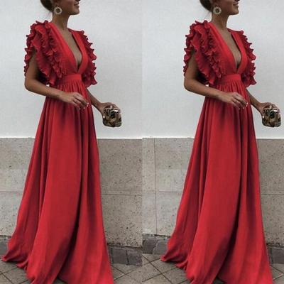 Long a line prom dresses with tiered capped sleeves evening gowns sexy plunging neckline maid of honor dress - Thumbnail 5