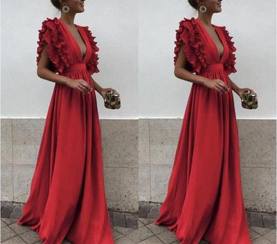 Long A Line Prom Dresses with Tiered Capped Sleeves Evening Gowns Sexy Plunging Neckline Maid of Honor Dress