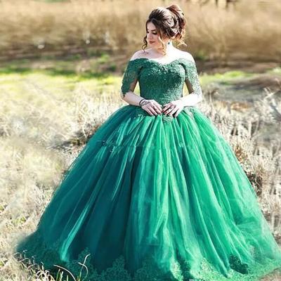 Elegant dark green ball gown dresses newest off the shoulder appliques tulle prom dresses evening gowns accept custom made - Thumbnail 5