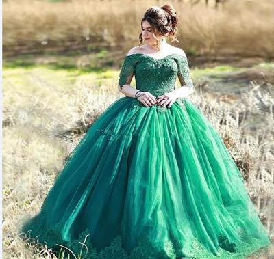 Elegant Dark Green Ball Gown Dresses Newest Off The Shoulder Appliques Tulle Prom Dresses Evening Gowns Accept Custom Made