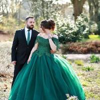 Elegant Dark Green Ball Gown Dresses Newest Off The Shoulder Appliques Tulle Prom Dresses Evening Gowns Accept Custom Made - Thumbnail 1