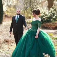 Elegant Dark Green Ball Gown Dresses Newest Off The Shoulder Appliques Tulle Prom Dresses Evening Gowns Accept Custom Made - Thumbnail 3
