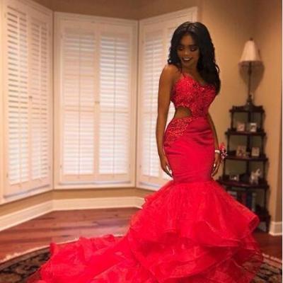  hot sale organza tiered long mermaid prom dresses sexy cutaway sides applique spaghetti straps evening party gowns - Thumbnail 5