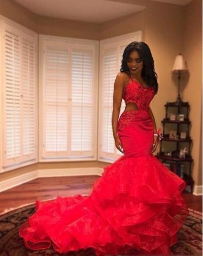  Hot Sale Organza Tiered Long Mermaid Prom Dresses Sexy Cutaway Sides Applique Spaghetti Straps Evening Party Gowns