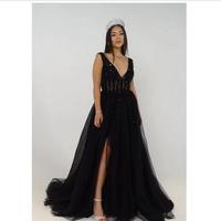 Burgundy Black Prom Dresses Backless Deep V Neck Sparkly Beaded Bodice Long A Line Classic Evening Dress Party Gowns Custom Size - Thumbnail 1