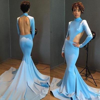 Sexy cutway sides long sleeves prom dresses high collar open back mermaid formal dresses evening wear - Thumbnail 5