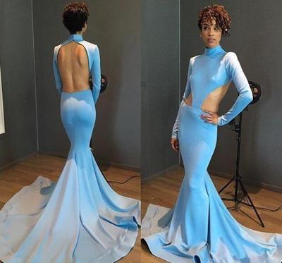 Sexy Cutway Sides Long Sleeves Prom Dresses High Collar Open Back Mermaid Formal Dresses Evening Wear