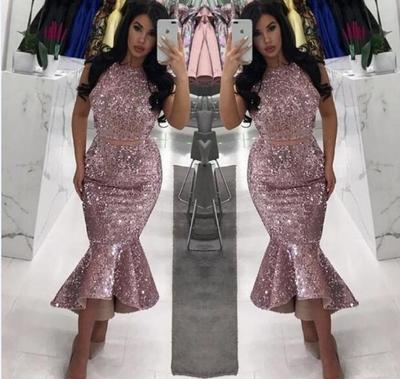 Sparkly Bling Two Pieces Sequined Prom Dresses Mermaid Evening Gowns Cocktail  Women Formal Party Wear