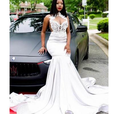 Sexy lace keyhole neck mermaid prom dresses high neck white satin sweep train women occasion evening gowns red carpet dress - Thumbnail 5