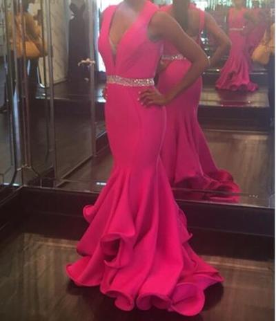  Stunning Sleeveless V-Neck Fuchsia Evening Dresses Mermaid Beads Cheap Sexy Long Prom Gown Sweet 16 Dress with Beading Waist