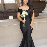 New Black Sheath Prom Evening Formal Dress Party Mermaid Off Shoulder Sweep Train Dresses Custom Made - Thumbnail 1