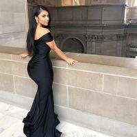 New Black Sheath Prom Evening Formal Dress Party Mermaid Off Shoulder Sweep Train Dresses Custom Made - Thumbnail 2