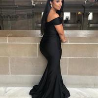 New Black Sheath Prom Evening Formal Dress Party Mermaid Off Shoulder Sweep Train Dresses Custom Made - Thumbnail 3