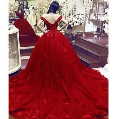 Gorgeous ball gown prom dresses sweetheart off the shoulder appliques beading tulle backless dark red evening party dresses - Thumbnail 5