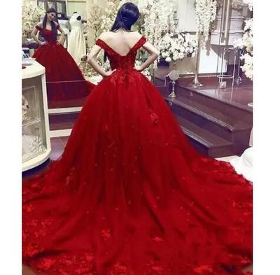 Gorgeous Ball Gown Prom Dresses Sweetheart Off The Shoulder Appliques Beading Tulle Backless Dark Red Evening Party Dresses