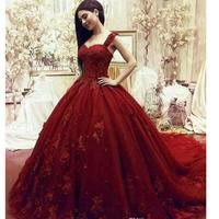 Gorgeous Ball Gown Prom Dresses Sweetheart Off The Shoulder Appliques Beading Tulle Backless Dark Red Evening Party Dresses - Thumbnail 1