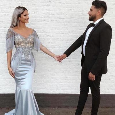 New style capped sleeves prom dresses with tassels lace applique sexy pageant party gowns long sweep mermaid evening dresses - Thumbnail 5