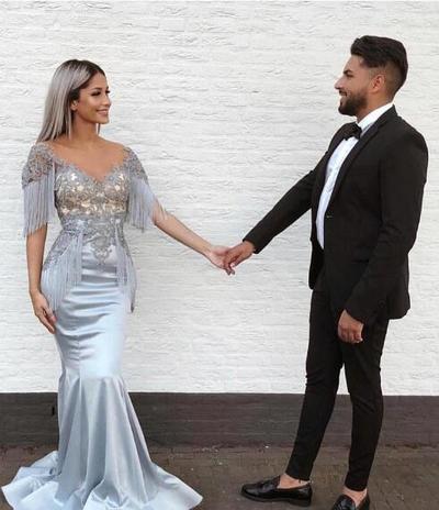 New Style Capped Sleeves Prom Dresses with Tassels Lace Applique Sexy Pageant Party Gowns Long Sweep Mermaid Evening Dresses