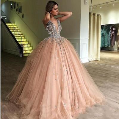 Sexy deep v neck long prom dresses with crystal beaded tulle skirt floor length sweet 16 quinceran dresses custom made - Thumbnail 5