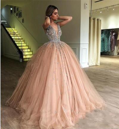 Sexy Deep V Neck Long Prom Dresses With Crystal Beaded tulle Skirt floor Length Sweet 16 Quinceran Dresses Custom MAde
