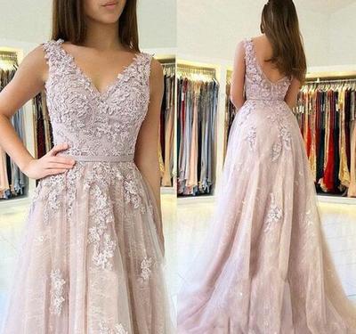 Lace Prom Dresses Long A Line V Neck Appliques Tulle Formal Evening Gowns Sweet 16 Dress Women Cocktail Ball Party Gown with Ribbon