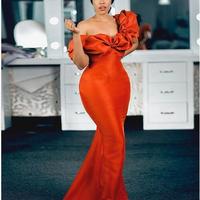 Orange Mermaid Unique Prom Dresses Off the Shoulder Ruffle Evening Formal Gowns - Thumbnail 1