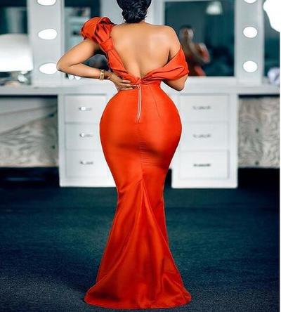 Orange Mermaid Unique Prom Dresses Off the Shoulder Ruffle Evening Formal Gowns