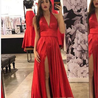 Simple red a line prom dresses plunge side slit evening party gowns - Thumbnail 5