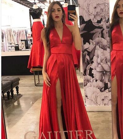 Simple Red A Line Prom Dresses Plunge Side Slit Evening Party Gowns