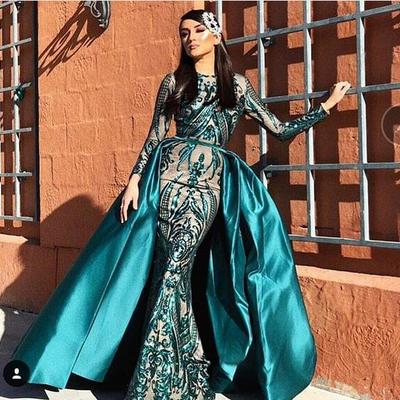 Luxury dark green mermaid prom dresses sparkle sequins lace long sleeve evening party gowns with detachable train - Thumbnail 5