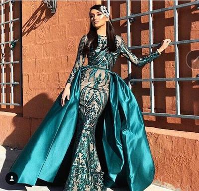 Luxury Dark Green Mermaid Prom Dresses Sparkle Sequins Lace Long Sleeve Evening Party Gowns with Detachable Train