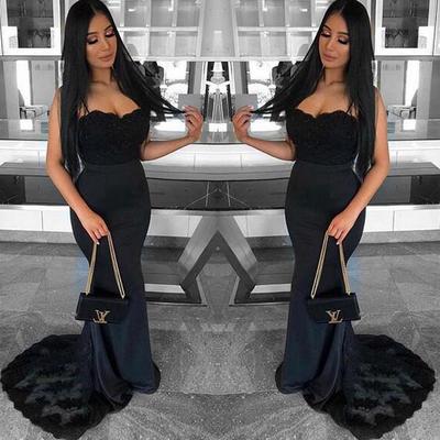 Black mermaid prom dresses spaghetti straps lace bodice evening party gowns - Thumbnail 5