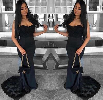 Black Mermaid Prom Dresses Spaghetti Straps Lace Bodice Evening Party Gowns