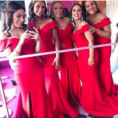 Red mermaid bridesmaid dresses off the shoulder side slit bridesmaid gowns prom party dress