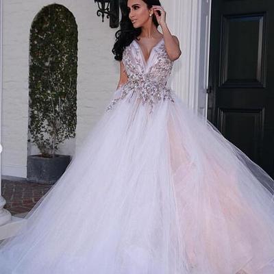 White ball gown tulle wedding dresses sexy deep v neck delicate lace bridal gowns - Thumbnail 5