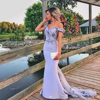 Purple Violet Mermaid Prom Dresses Off the Shoulder Delicate Lace Appliques Evening Party Gowns - Thumbnail 1