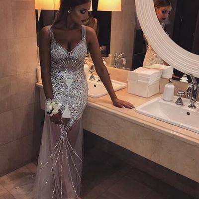 Sparkle mermaid tulle prom dresses two straps beading crystals evening party gowns - Thumbnail 5