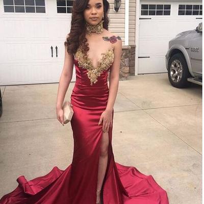 Wine red burgundy mermaid prom dresses v neck gold appliques evening party gowns - Thumbnail 4