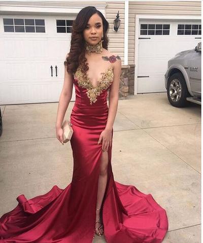 Wine Red Burgundy Mermaid Prom Dresses V Neck Gold Appliques Evening Party Gowns