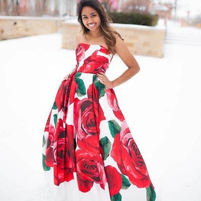 Red rose ball gown prom dresses strapless floral evening party gowns - Thumbnail 5