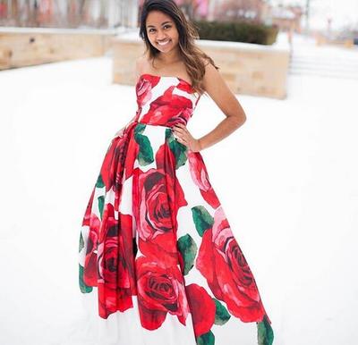 Red Rose Ball Gown Prom Dresses Strapless Floral Evening Party Gowns