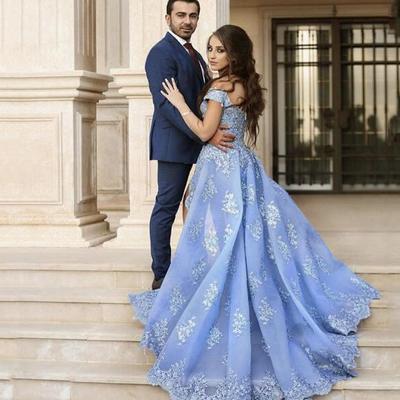 Designer vestidos de formature off the shoulder appliqued lace prom dresses side slit blue evening gowns plus size - Thumbnail 4
