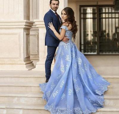 Designer Vestidos De Formature Off the Shoulder Appliqued Lace Prom Dresses Side Slit Blue Evening Gowns Plus Size