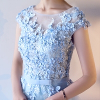 Pink round neck tulle applique long prom dress, evening dress - Thumbnail 2